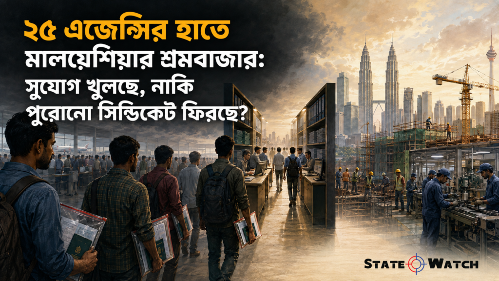 এজেন্সির ডেস্কের সংকীর্ণ পথ পেরিয়ে মালয়েশিয়ার কাজের বাজারে যাচ্ছেন বাংলাদেশি অভিবাসী কর্মীরা।