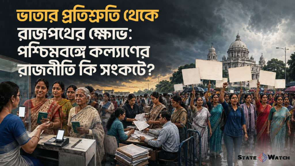 ভাতার ব্যাংক লেনদেন, সরকারি যাচাই এবং বিক্ষোভের ধারাবাহিকতায় পশ্চিমবঙ্গের নারী উপকারভোগীরা।